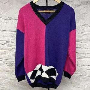 Vtg 80s 90s Color Block Colorful Sweater Womens Funky Pink Purple Ramie Cotton